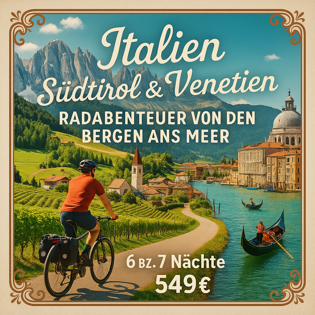 Eigene Anreise Italien - Südtirol & Venetien: Radabenteuer von Bozen bis Venedig 6 bzw. 7 Nächte 3- bzw. 4-Sterne-Hotels mit Frühstück Inkl. Gepä