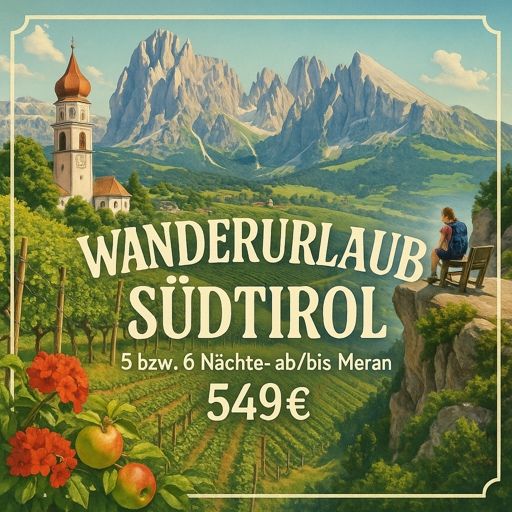 Eigene Anreise Italien - Südtirol: Wanderurlaub ab/bis Meran 5 bzw. 6 Nächte 3-Sterne-Hotels/Gasthöfe mit Frühstück Inkl. Gepäcktransfer von Unt