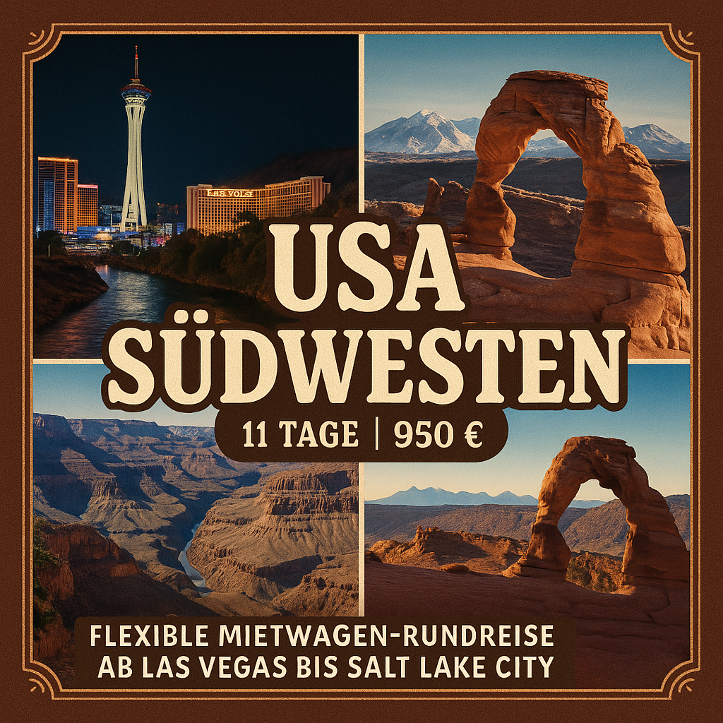 Rundreisen USA Südwesten: Flexible Mietwagen-Rundreise ab Las Vegas bis Salt Lake City: Nationalparks im Südwesten 10 Nächte Route, Dauer und weite