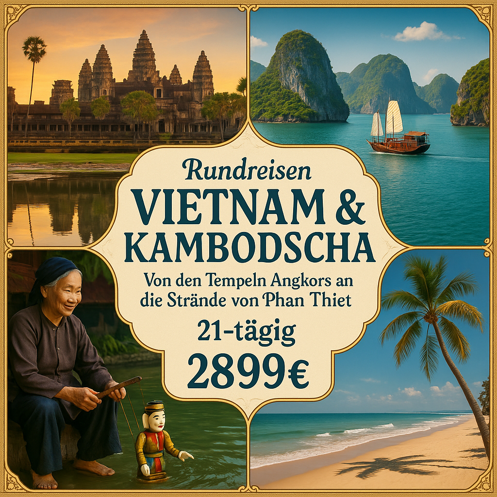 Rundreisen Vietnam & Kambodscha: Von den Tempeln Angkors an die Strände von Phan Thiet 21-tägig inkl. Flüge Mittelklassehotels/Dschunke/4-Sterne-Ho