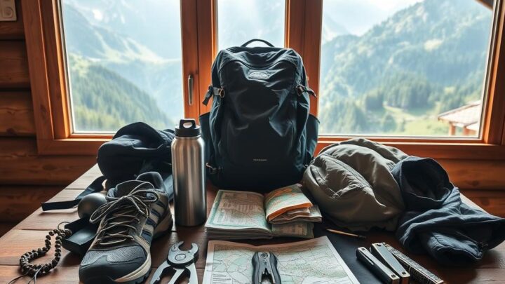 A beautifully arranged packing list for a mountain hut visit, showcasing essential hiking gear laid out on a rustic wooden table. In the foreground, items like a sturdy backpack, climbing shoes, a water bottle, a map, a multi-tool, and a warm jacket are neatly displayed. In the middle ground, a scenic window reveals breathtaking mountain views with green forests and rocky peaks. The background features soft, filtered sunlight illuminating the scene, creating a warm, inviting atmosphere. The image captures the spirit of adventure and preparation, evoking the excitement of a hiking trip. Use a wide-angle perspective to emphasize the items and the stunning backdrop, with an overall mood that inspires exploration and enthusiasm for the great outdoors.