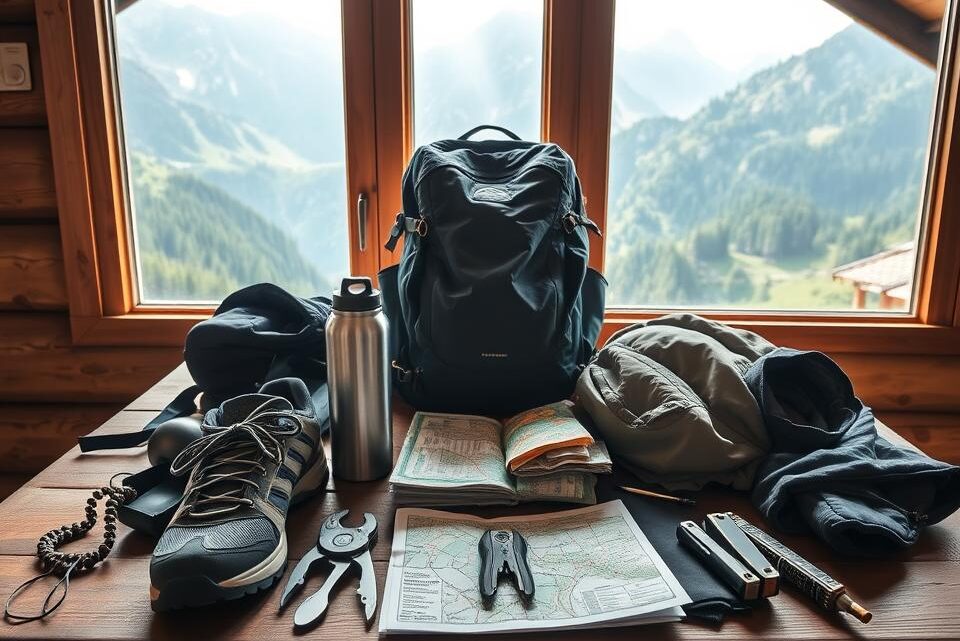 A beautifully arranged packing list for a mountain hut visit, showcasing essential hiking gear laid out on a rustic wooden table. In the foreground, items like a sturdy backpack, climbing shoes, a water bottle, a map, a multi-tool, and a warm jacket are neatly displayed. In the middle ground, a scenic window reveals breathtaking mountain views with green forests and rocky peaks. The background features soft, filtered sunlight illuminating the scene, creating a warm, inviting atmosphere. The image captures the spirit of adventure and preparation, evoking the excitement of a hiking trip. Use a wide-angle perspective to emphasize the items and the stunning backdrop, with an overall mood that inspires exploration and enthusiasm for the great outdoors.