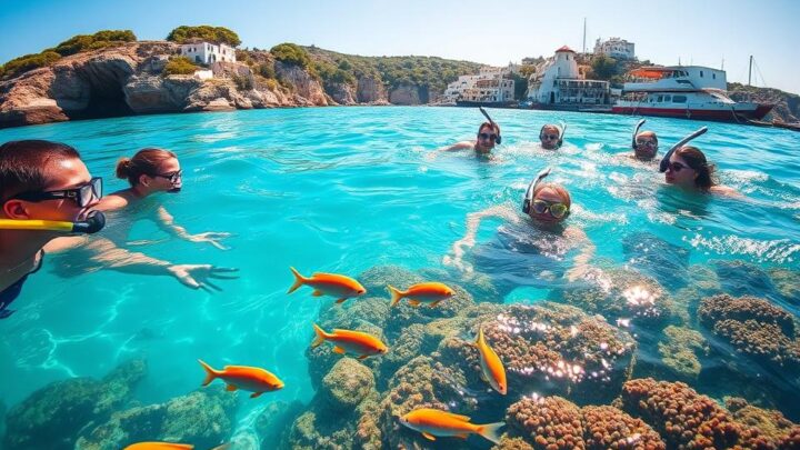 A serene scene of snorkeling in the Aegean Sea, showcasing vibrant underwater life. In the foreground, a diverse group of snorkelers in modest diving gear explore a kaleidoscope of colorful fish and coral formations. The middle ground displays shimmering turquoise water, with sun rays penetrating the surface, illuminating the marine environment. In the background, picturesque rocky coastlines dotted with lush greenery and traditional whitewashed houses under a clear blue sky. The lighting conveys a warm, inviting atmosphere, enhancing the tranquil and adventurous mood of summer activities on the water. Capture this idyllic moment using a wide-angle lens for a panoramic view, emphasizing the harmony between relaxation and exploration in a stunning natural setting.