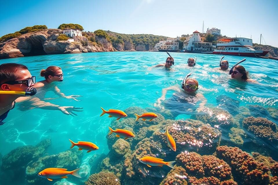 A serene scene of snorkeling in the Aegean Sea, showcasing vibrant underwater life. In the foreground, a diverse group of snorkelers in modest diving gear explore a kaleidoscope of colorful fish and coral formations. The middle ground displays shimmering turquoise water, with sun rays penetrating the surface, illuminating the marine environment. In the background, picturesque rocky coastlines dotted with lush greenery and traditional whitewashed houses under a clear blue sky. The lighting conveys a warm, inviting atmosphere, enhancing the tranquil and adventurous mood of summer activities on the water. Capture this idyllic moment using a wide-angle lens for a panoramic view, emphasizing the harmony between relaxation and exploration in a stunning natural setting.