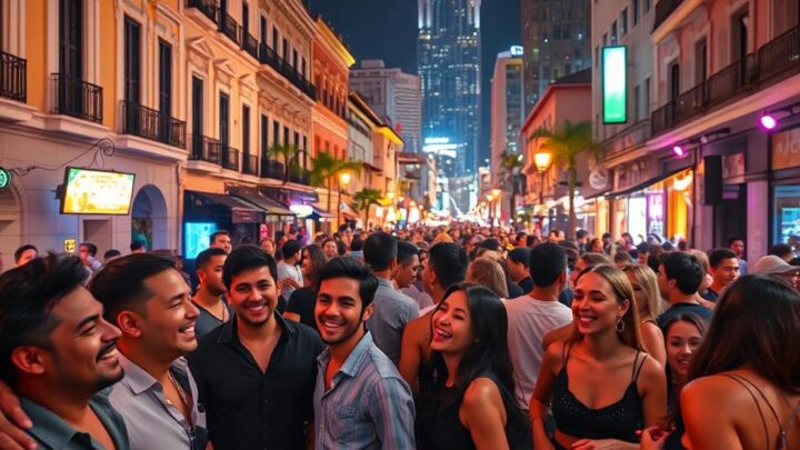 A vibrant night scene showcasing the nightlife of Brazilian cities, focusing on a bustling urban street filled with people enjoying music and dancing. In the foreground, a diverse group of men and women in stylish casual attire are laughing and socializing at an outdoor bar, with colorful lights illuminating their faces. In the middle ground, lively street performers engage the crowd, with musicians playing traditional instruments and dancers showcasing Brazilian cultural dances. The background features iconic architecture of a Brazilian city, such as colonial-style buildings and modern skyscrapers, lit up against the night sky. The atmosphere is energetic and festive, capturing the essence of Brazil's rich culture. Use warm, dynamic lighting to enhance the joyful mood. The composition should be wide-angled to capture the vibrant life and energy of the street scene.