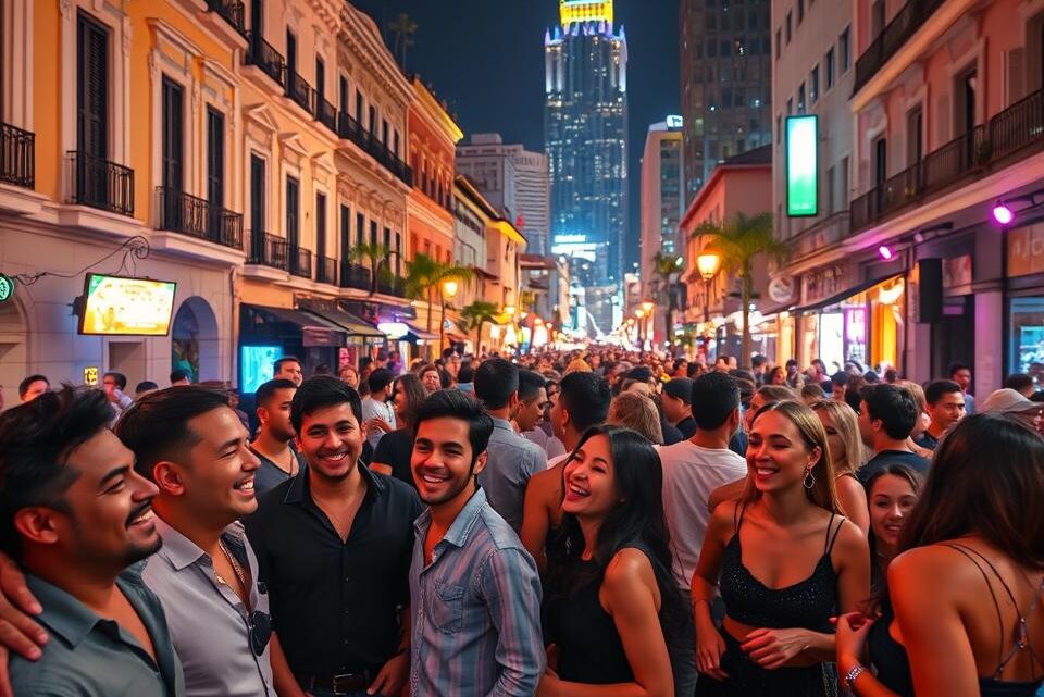 A vibrant night scene showcasing the nightlife of Brazilian cities, focusing on a bustling urban street filled with people enjoying music and dancing. In the foreground, a diverse group of men and women in stylish casual attire are laughing and socializing at an outdoor bar, with colorful lights illuminating their faces. In the middle ground, lively street performers engage the crowd, with musicians playing traditional instruments and dancers showcasing Brazilian cultural dances. The background features iconic architecture of a Brazilian city, such as colonial-style buildings and modern skyscrapers, lit up against the night sky. The atmosphere is energetic and festive, capturing the essence of Brazil's rich culture. Use warm, dynamic lighting to enhance the joyful mood. The composition should be wide-angled to capture the vibrant life and energy of the street scene.