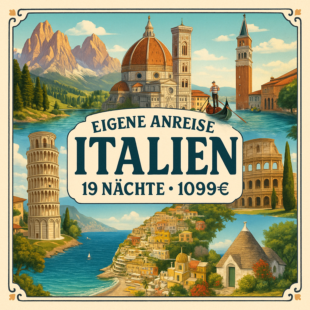 Eigene Anreise Italien: PKW-Rundreise von Nord nach Süd 19 Nächte 3- bzw. 4-Sterne-Hotels mit Halbpension 8 Regionen Italiens in einer Reise