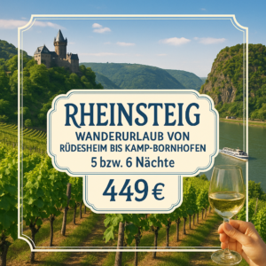 Eigene Anreise Rheinsteig: Wanderurlaub von Rüdesheim bis Kamp-Bornhofen 5 bzw. 6 Nächte Mittelklassehotels/Gasthöfe/Pensionen mit Frühstück Inkl