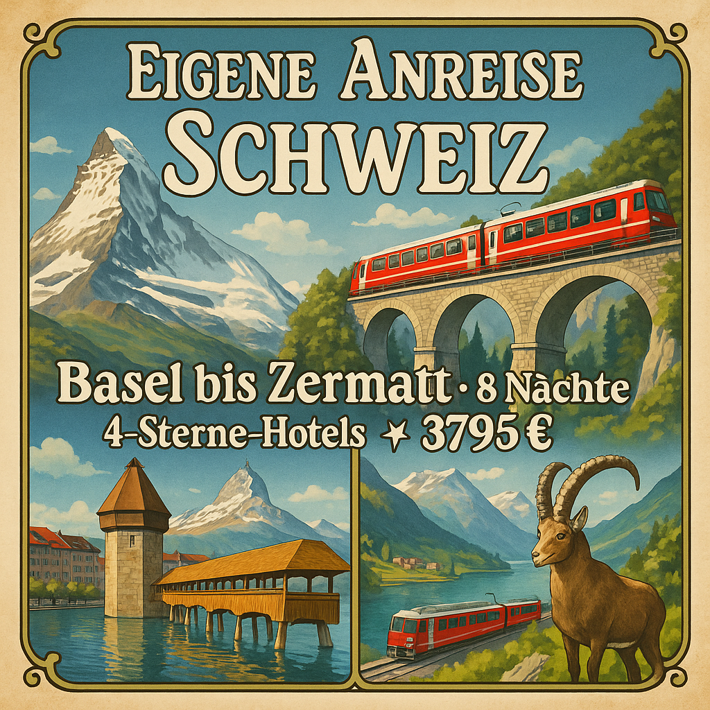 Eigene Anreise Schweiz - Basel bis Zermatt: Bahnrundreise mit Aufenthalt in 4-Sterne-Hotels 7 Nächte 4-Sterne-Hotels mit Halbpension Inkl. Fahrten im