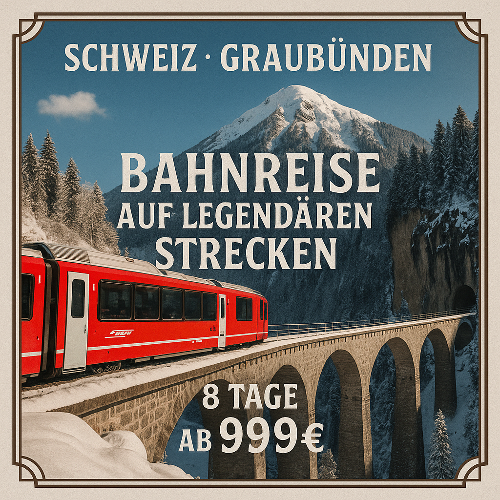 Eigene Anreise Schweiz – Graubünden: Bahnreise auf legendären Strecken in der 1. Klasse 7 Nächte 3-Sterne-Hotel mit Halbpension Inkl. 6 Tage MANU g