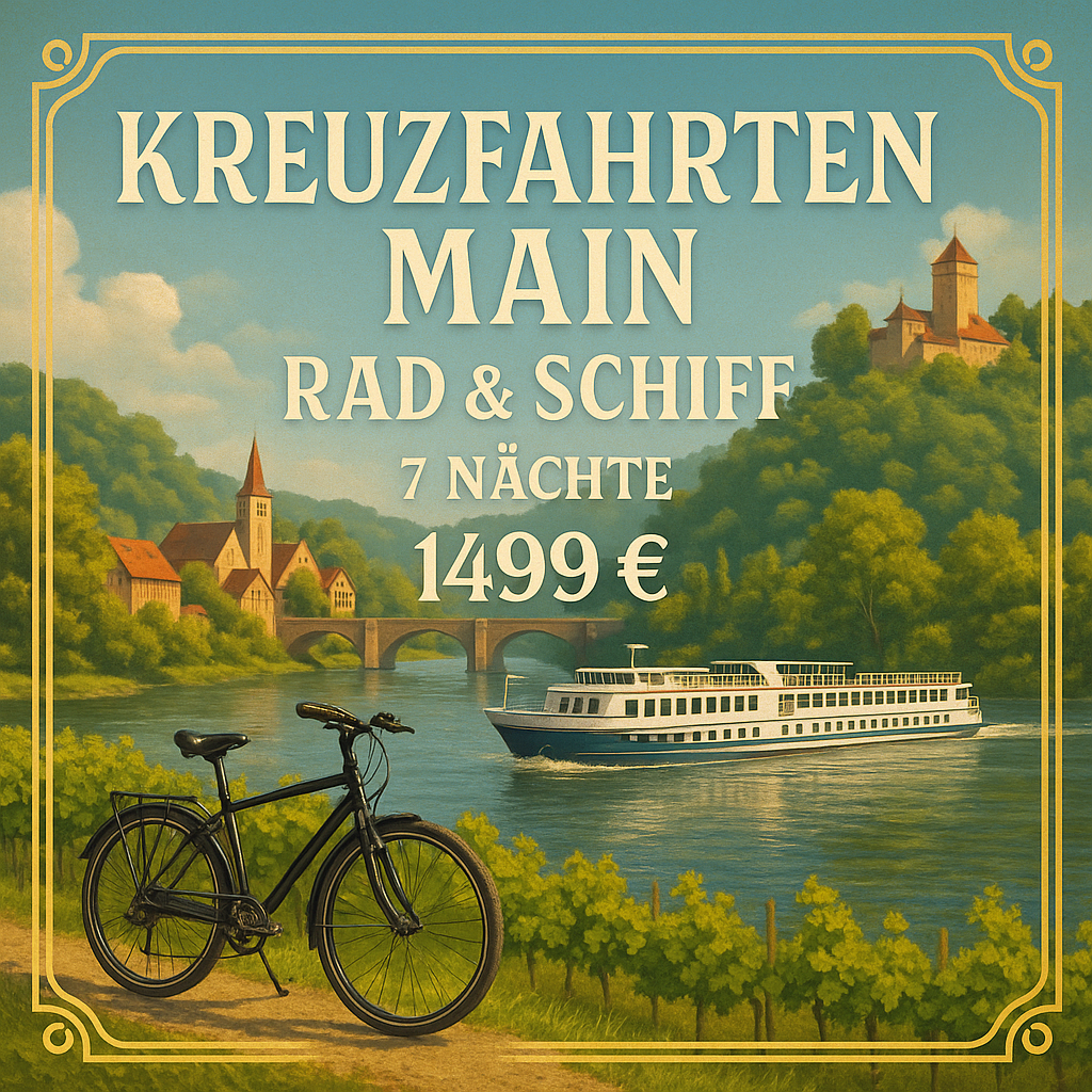 Kreuzfahrten Main: Rad & Schiff Flusskreuzfahrt mit MS Casavona ab Bamberg/an Frankfurt am Main 7 Nächte Mittelklasseschiff mit Vollpension  Inkl. 7-