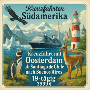 Kreuzfahrten Südamerika: Kreuzfahrt mit Oosterdam von Santiago de Chile bis Buenos Aires 19-tägig inkl. Flüge 4-Sterne-Hotel mit Frühstück / Prem