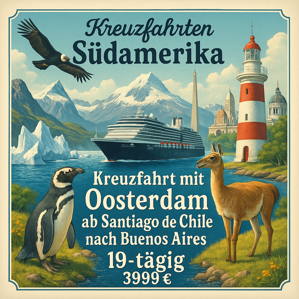 Kreuzfahrten Südamerika: Kreuzfahrt mit Oosterdam von Santiago de Chile bis Buenos Aires 19-tägig inkl. Flüge 4-Sterne-Hotel mit Frühstück / Prem