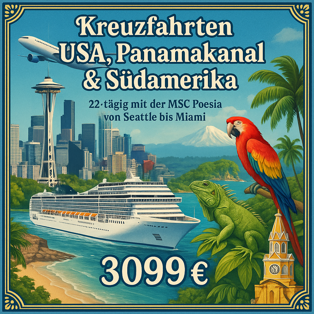 Kreuzfahrten USA, Panamakanal & Südamerika: Kreuzfahrt mit der MSC Poesia von Seattle bis Miami 22-tägig inkl. Flüge 3-Sterne-Hotel mit Frühstück Kreuzfahrten USA, Panamakanal & Südamerika: Kreuzfahrt mit der MSC Poesia von Seattle bis Miami 22-tägig inkl. Flüge 3-Sterne-Hotel mit Frühstück