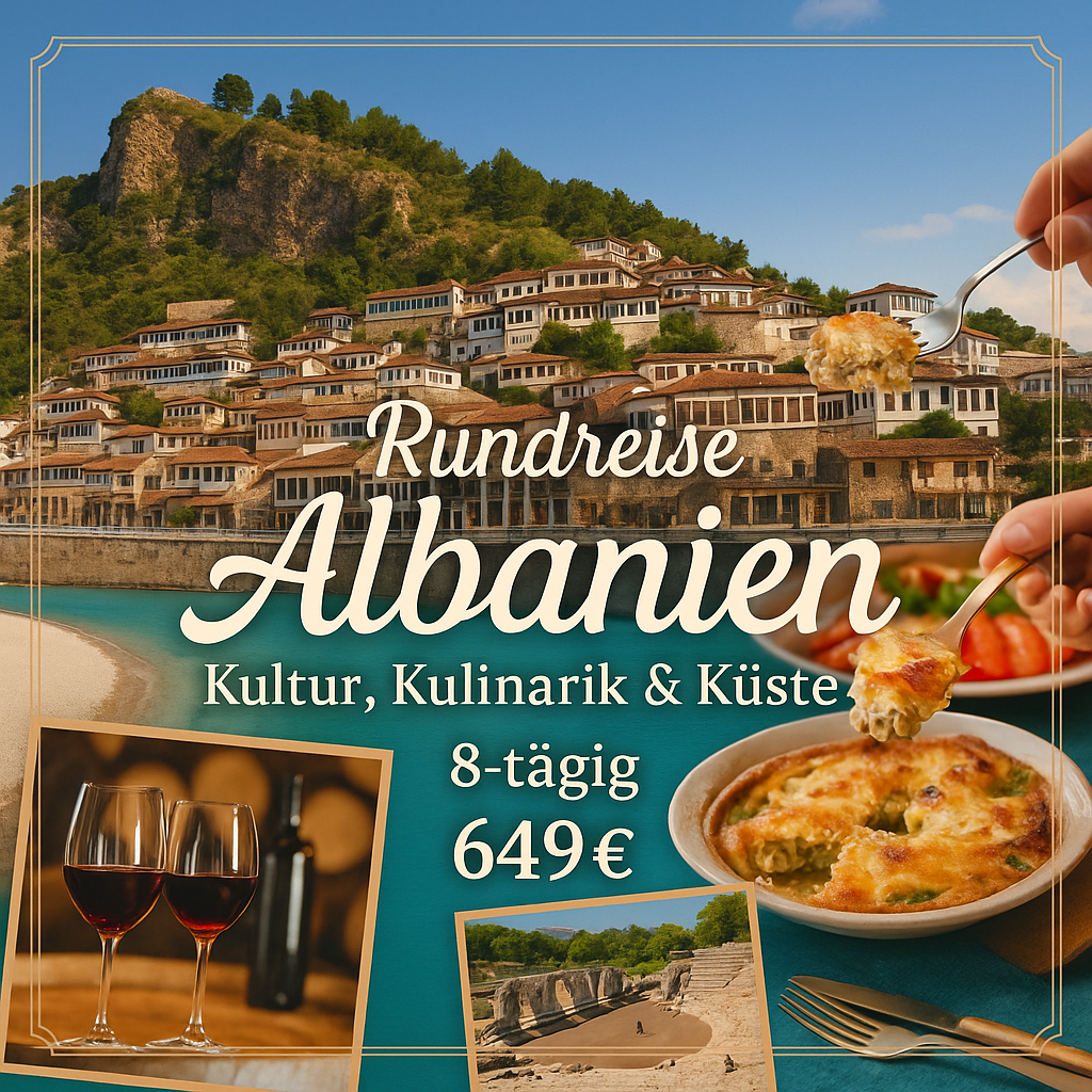 Rundreisen Albanien: Kultur, Kulinarik & Küste ohne Hotelwechsel 8-tägig inkl. Flüge 4-Sterne-Hotel mit Halbpension Inkl. 2 Ausflügen i. W. v. ca.