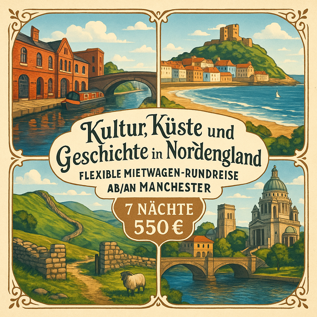 Rundreisen England - Norden: Flexible Mietwagen-Rundreise ab/an Manchester: Kultur, Küste und Geschichte in Nordengland 7 Nächte Route, Dauer und we