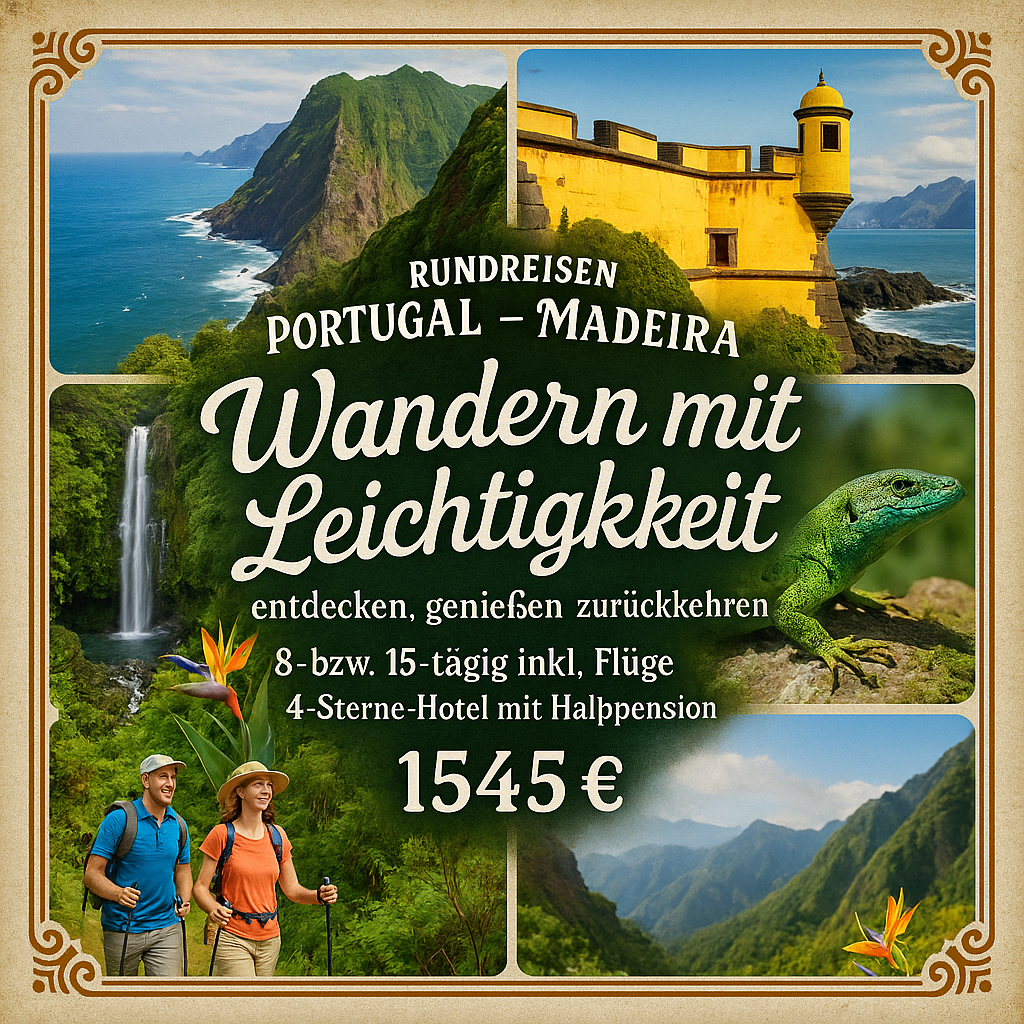 Rundreisen Portugal - Madeira: Wandern mit Leichtigkeit – entdecken, genießen, zurückkehren 8- bzw. 15-tägig inkl. Flüge 4-Sterne-Hotel mit Halb Rundreisen Portugal - Madeira: Wandern mit Leichtigkeit – entdecken, genießen, zurückkehren 8- bzw. 15-tägig inkl. Flüge 4-Sterne-Hotel mit Halb