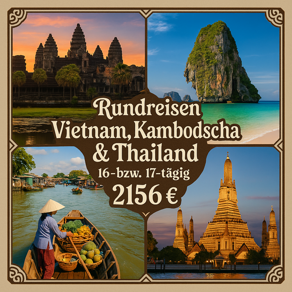 Rundreisen Vietnam, Kambodscha & Thailand: Zwischen Tempeln, Tropen & Traumstränden 16- bzw. 17-tägig inkl. Flüge 3-/3.5-/4-Sterne-Hotels mit Früh