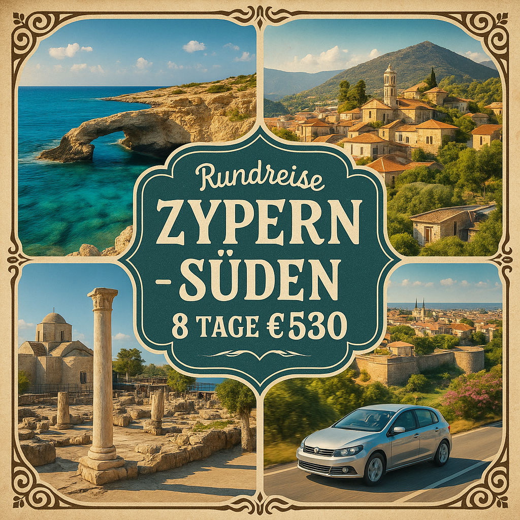 Rundreisen Zypern - Süden: Flexible Mietwagen-Rundreise ab/an Larnaca: Zyperns Küsten, Berge und Städte entdecken 7 Nächte Route, Dauer und weiter