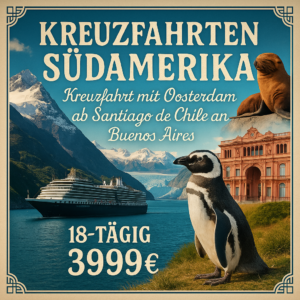 Kreuzfahrten Südamerika: Kreuzfahrt mit Oosterdam von Santiago de Chile bis Buenos Aires 18-tägig inkl. Flüge 4-Sterne-Hotel mit Frühstück / Prem