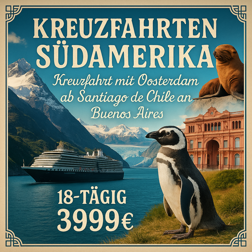 Kreuzfahrten Südamerika: Kreuzfahrt mit Oosterdam von Santiago de Chile bis Buenos Aires 18-tägig inkl. Flüge 4-Sterne-Hotel mit Frühstück / Prem