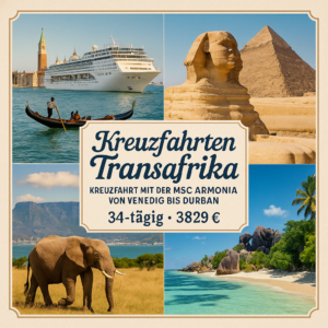 Kreuzfahrten Transafrika: Kreuzfahrt mit der MSC Armonia von Venedig bis Durban inkl. Südafrika-Rundreise 34-tägig inkl. Flüge Mittelklassehotels m