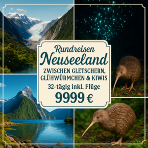 Rundreisen Neuseeland: Zwischen Gletschern, Glühwürmchen & Kiwis 32-tägig inkl. Flüge Mittelklassehotels mit Frühstück Inkl. Ausflüge i. W. v.