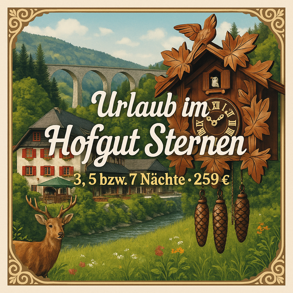 Eigene Anreise Schwarzwald - Breitnau: Urlaub im Hofgut Sternen 3, 5 bzw. 7 Nächte 4-Sterne-Hotel mit Halbpension Inkl. regionale Erlebnisse: Glasman