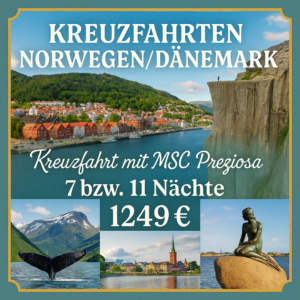 Kreuzfahrten Norwegen/Dänemark: Kreuzfahrt mit MSC Preziosa ab/an Hamburg 7 bzw. 11 Nächte Premium-Plus-Schiff mit Vollpension Inkl. All Inclusive-G