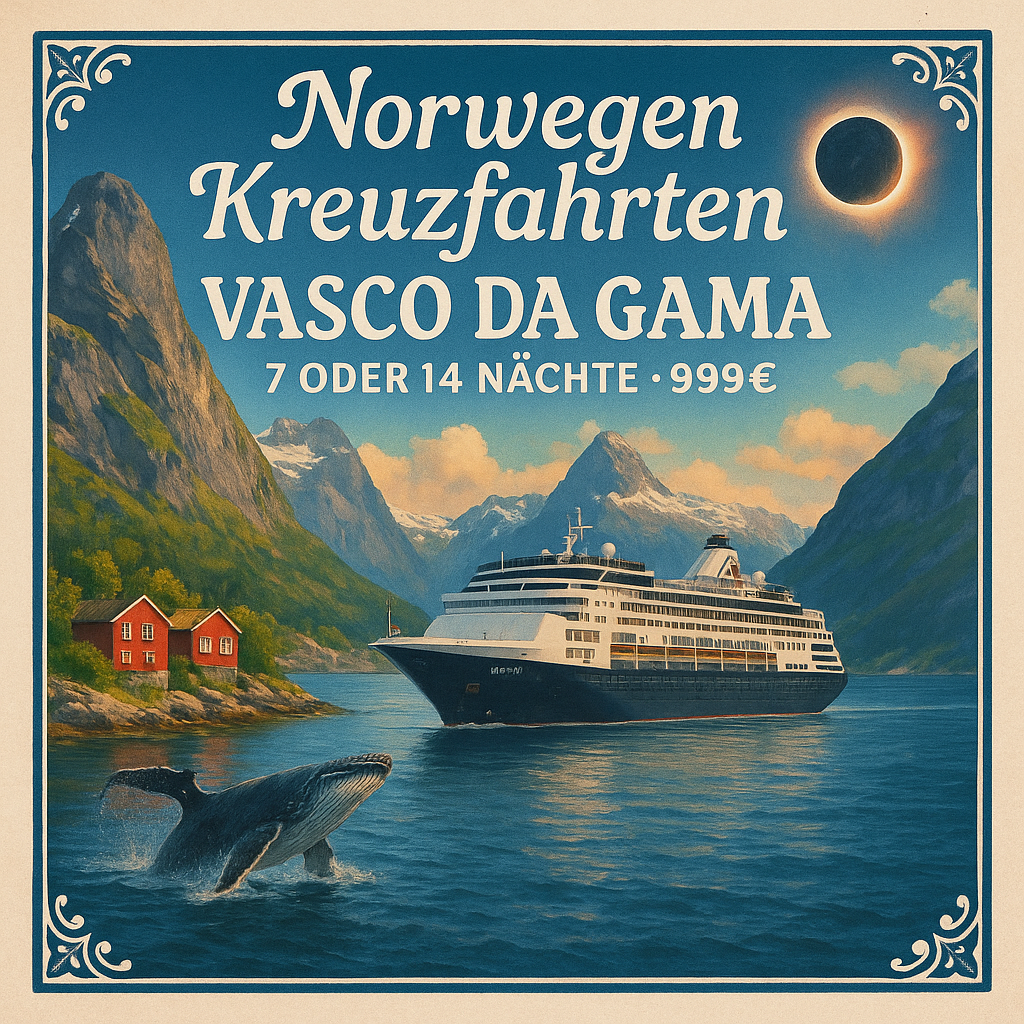 Kreuzfahrten Norwegen: Kreuzfahrt mit der VASCO DA GAMA ab/an Kiel 7 bzw. 14 Nächte Premium-Schiff mit Vollpension 2 Routen zur Auswahl: Den Süden o