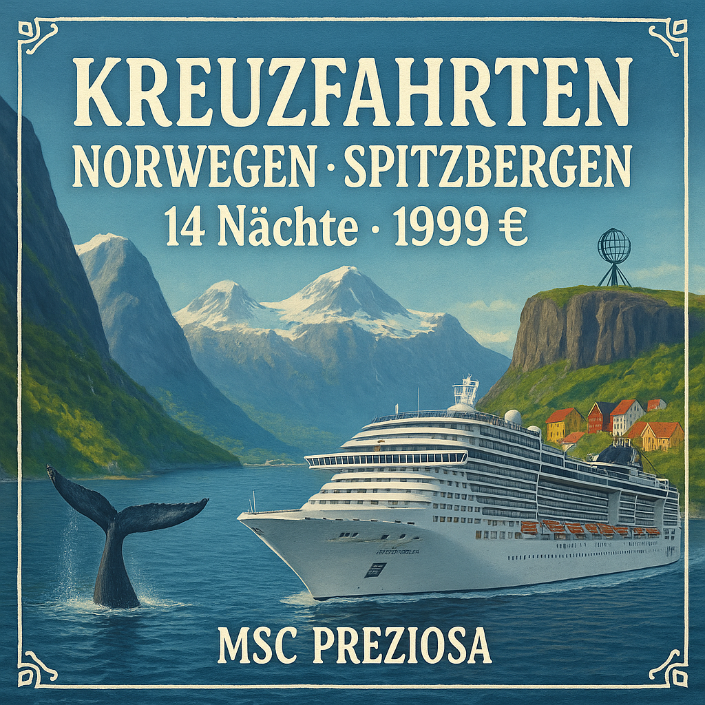 Kreuzfahrten Norwegen - Spitzbergen: Kreuzfahrt mit der MSC Preziosa ab/an Hamburg 14 Nächte Premium-Plus-Schiff mit Vollpension Inkl. Hotel-Serviceg