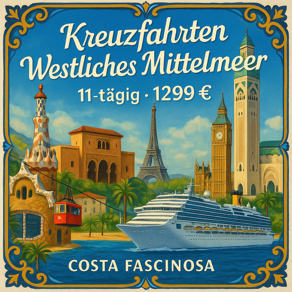 Kreuzfahrten Westliches Mittelmeer: Kreuzfahrt mit Costa Fascinosa ab/an Savona 11-tägig inkl. Flüge Premium-Schiff mit Vollpension Inkl. Trinkgelde