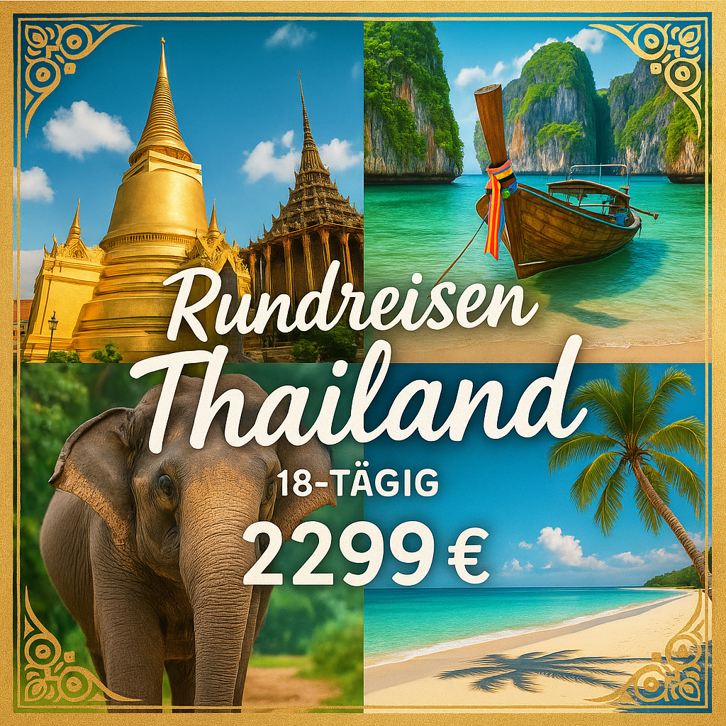 Rundreisen Thailand: Von goldenen Tempeln zu weißen Sandstränden 18-tägig inkl. Flüge 3-/4-Sterne-Hotels mit Verpflegung / 5-Sterne-Hotel mit Frü Rundreisen Thailand: Von goldenen Tempeln zu weißen Sandstränden 18-tägig inkl. Flüge 3-/4-Sterne-Hotels mit Verpflegung / 5-Sterne-Hotel mit Frü