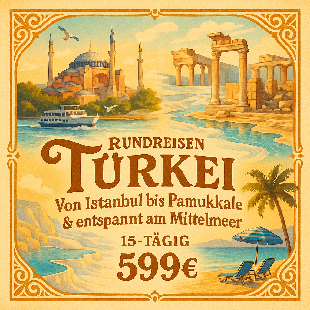 Rundreisen Türkei: Von Istanbul bis Pamukkale & entspannt am Mittelmeer 15-tägig inkl. Flüge 4-Sterne-Hotels mit Verpflegung / 5-Sterne-Hotel mit A